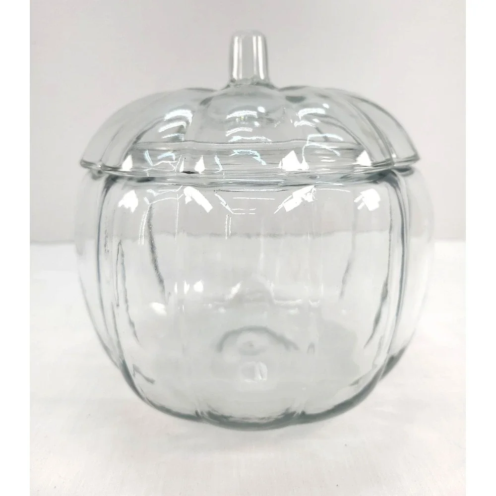 Anchor Hocking Pumpkin Jar Candy Cookie Clear Glass with Lid Vintage